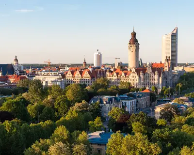 Skyline of Leipzig with townhall at sunset, Germany