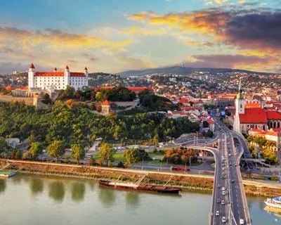 Bratislava at sunset - aerial view, Slovakia
