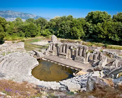 Amphitheater- Remains of the ancient Baptistery from the 6th century at Butrint, Albania. This Archeological site is World Heritage Site by UNESCO.