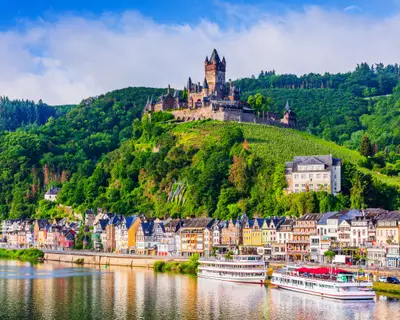 Cochem, Germany. Old town and the Cochem (Reichsburg) castle on the Moselle river.