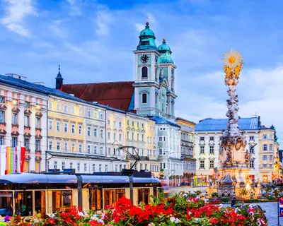 Linz, Austria. Holy Trinity column on the Main Square (Hauptplatz).