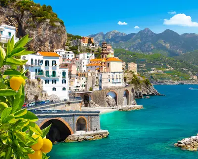 Beautiful view of Amalfi on the Mediterranean coast with lemons in the foreground, Italy. High quality photo