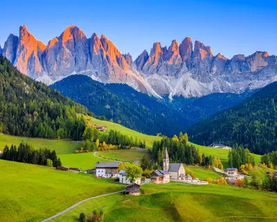 Val di Funes, Italy. Santa Maddalena village in front of the Odle(Geisler) mountain group of the Dolomites.