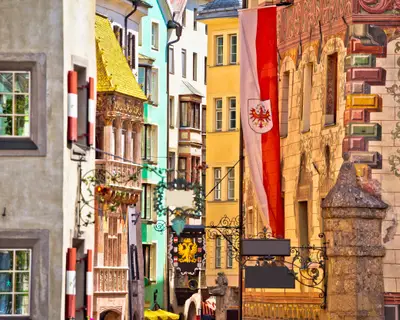 Historic street of Innsbruck view, alpine city in Tirol, region of Austria
