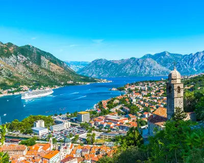 View on the old church and Kotor bay from above, Montenegro