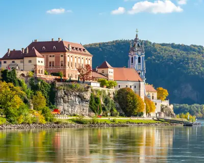 Durnstein town in Wachau valley in autumn, Austria
