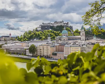 Salzburg historic district in spring, green leaves and sunshine, Austria