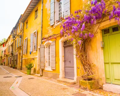 View of a narrow street with gorgeous purple wisteria plant in the historical center of Arles, France. Beautiful background picture of the old french town.