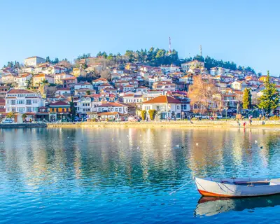historical part of unesco listed town ohrid is located next to the ohrid lake and spread all over the hill with fortress of tzar samuel at the top.