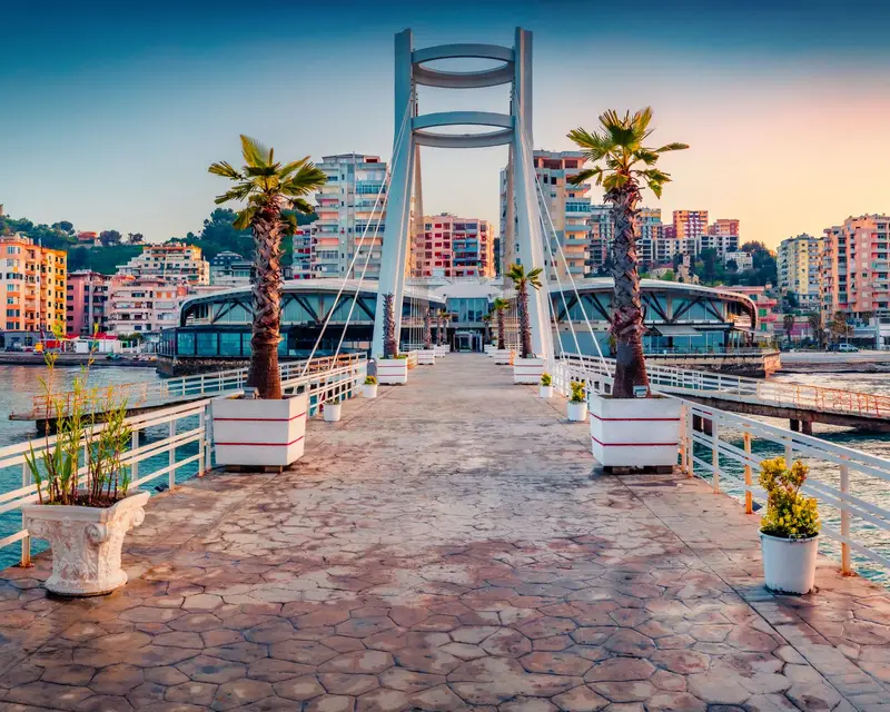 Impressive sunrise in Durres, port city on the Adriatic Sea in western Albania, Europe. Wonderful Adriatic seascape. Magnificent spring scene of Albania. Traveling concept background.