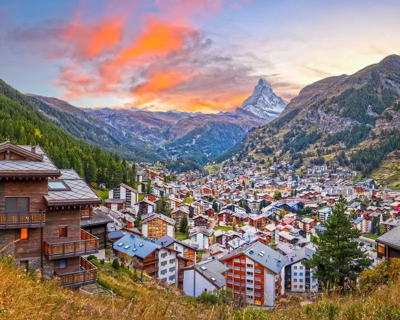 Zermatt, Switzerland Alpine Village with the Matterhorn at dusk.